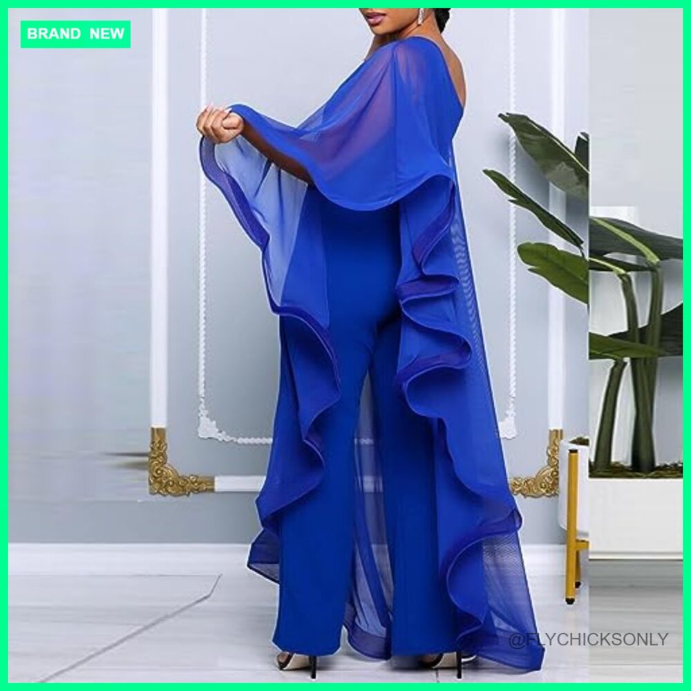 One Shoulder Ruffle Patchwork Elastic Wide Leg Ju… - image 2